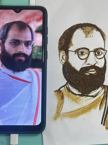 A side-by-side comparison of a photo reference and my completed henna sketch of a spiritual guru. This shows the accuracy you can achieve with practice.