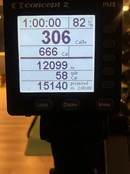The final stats from a one-hour session on the rower. 666 calories burned, a devilishly good workout.