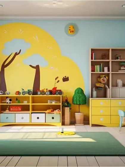A bright and sunny kids' room with yellow furniture and a large sun mural, designed to be a cheerful and inspiring space.