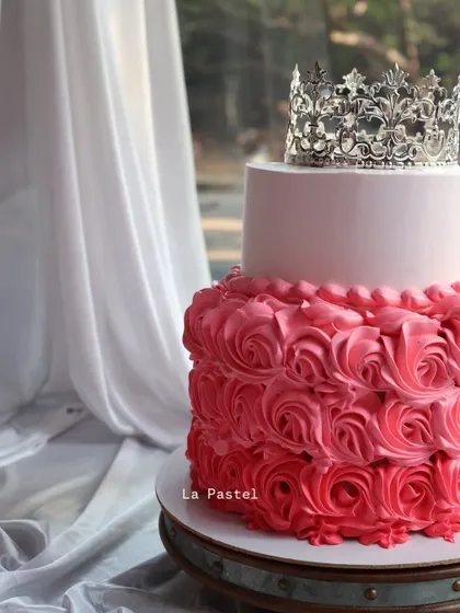 A side view of the pink rosette princess cake, showing the beautiful texture of the piped flowers.