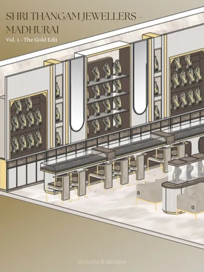 An isometric render of the "Gold Edit" for Shri Thangam Jewellers. This drawing showcases our vision for the gold section, with warm tones and elegant display cases designed to create a feeling of timeless luxury.