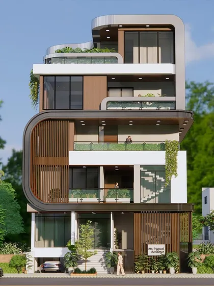 The front elevation showcases the building's verticality and the balance between solid walls, glass windows, and open terraces. The design is a true collaboration between our client's vision and our architectural innovation.