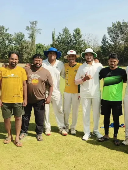 The Vivekanager Cricketers team celebrating an 8-wicket win in the KSCA 5th Division league.