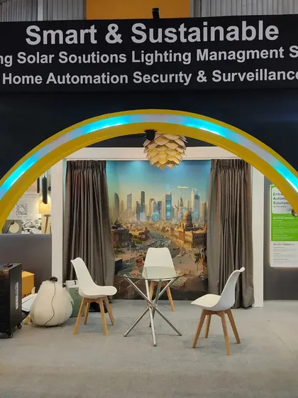 A shot of our "Smart & Sustainable" display, featuring a seating area framed by automated curtains to simulate a real home environment for our visitors.
