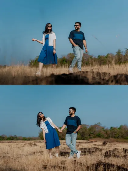 A dynamic collage of a couple enjoying themselves in a field, showcasing movement and joy in their pre-wedding photos.