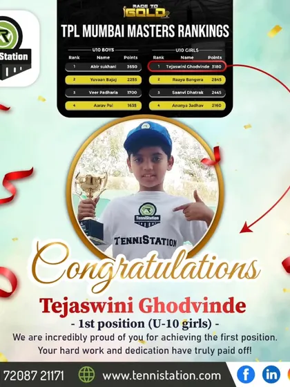 Tejaswini Ghodvinde achieves the 1st position in the U-10 Girls TPL Mumbai Masters Rankings. We are proud to see our youngest competitors reaching the top.
