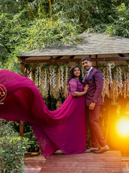 The gown's trail catches the light beautifully in this shot. I provide a variety of these flying gowns for rent to suit any pre-wedding or maternity shoot theme.