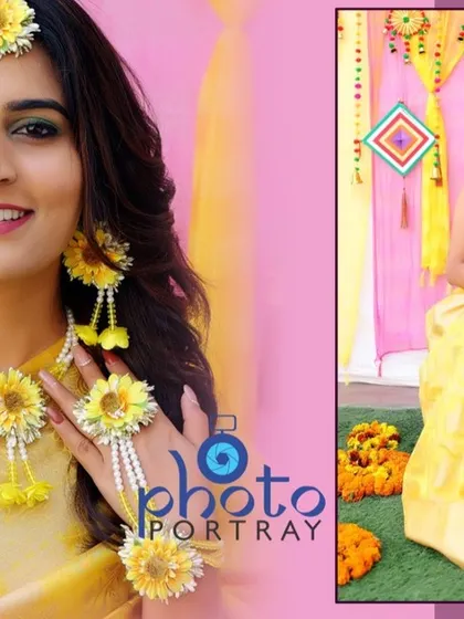 A beautiful collage for a Haldi album, showing the bride in her full attire and close-ups of her floral jewelry.