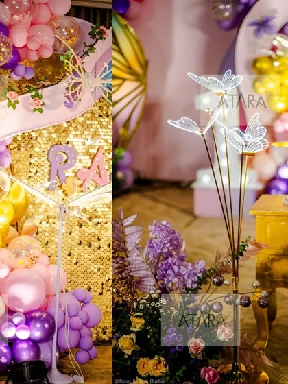 A collage of details from a whimsical butterfly-themed party. On the left, a gold sequin backdrop with pink and purple balloons; on the right, delicate light-up butterflies amidst floral arrangements.