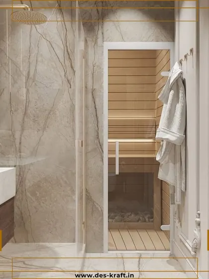 A unique feature of this bathroom is the personal sauna, seamlessly integrated into the design with a glass door and natural wood interior for the ultimate home-spa experience.