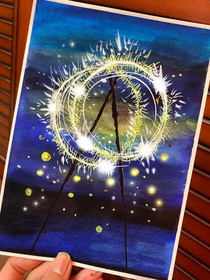 A glowing fireworks painting done with watercolors on 300gsm paper. This piece was an experiment in creating bright light effects against a dark night sky.