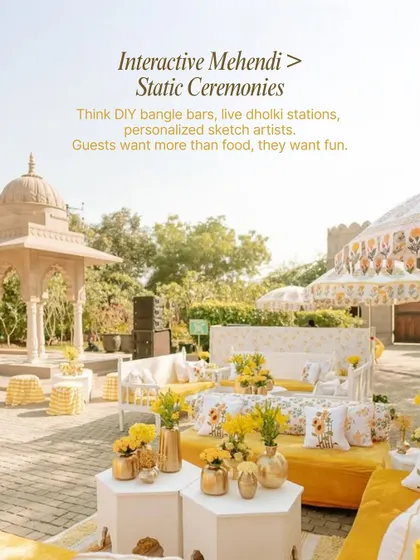 A trend focus on interactive Mehendi ceremonies, featuring ideas like DIY bangle bars and live sketch artists to create a more engaging and fun event.