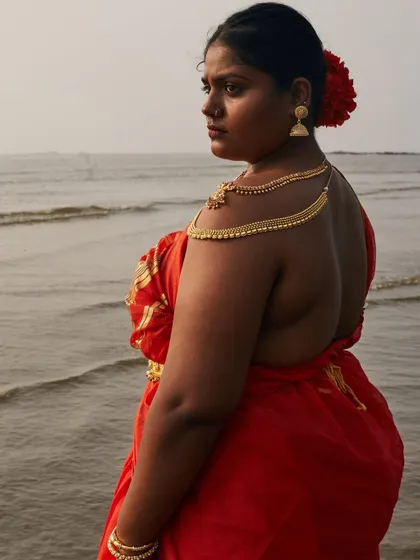 A powerful and unconventional portrait at the water's edge. The rich red saree and traditional jewelry create a stunning contrast against the muted tones of the sea and sky.