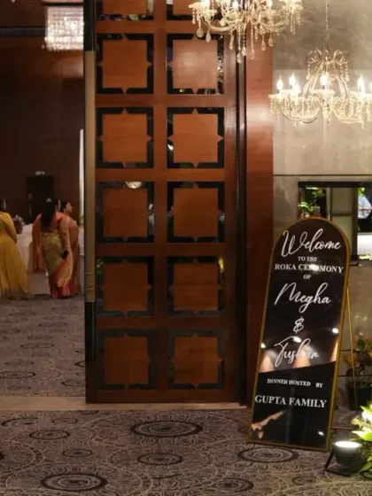 The entrance to the Roka ceremony, showing the personalized welcome sign and beautiful floral decor leading into the venue.