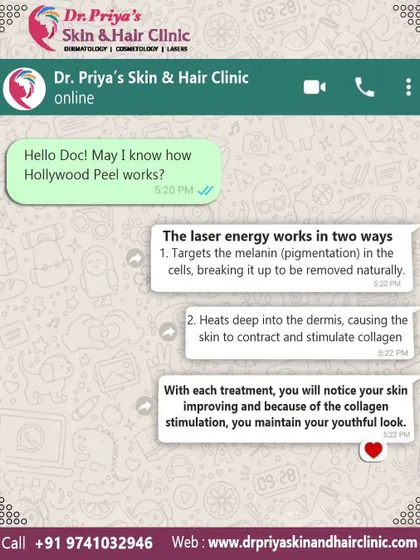 This illustrates how a Hollywood Peel works. The laser energy targets melanin to break up pigmentation and heats the dermis to stimulate collagen, resulting in a maintained youthful look.