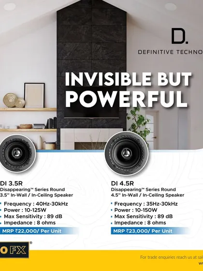 The Definitive Technology DI Series is engineered to be invisible but powerful. These disappearing in-wall and in-ceiling speakers, like the DI 3.5R and DI 4.5R, deliver the dynamics of much larger speakers from a compact, hidden form.