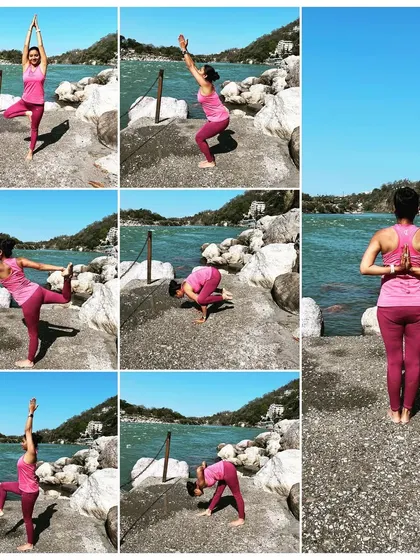 A collage of my practice by the holy Ganges in Rishikesh. From balancing in tree pose to grounding in chair pose and finding stillness in prayer, every moment felt spiritually charged and deeply connecting.