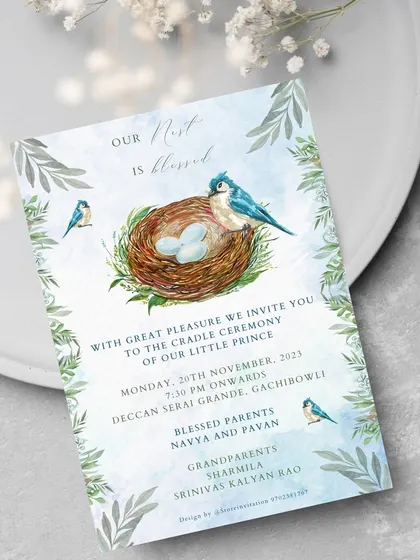 Announcing a new life is a moment of pure joy. This gentle watercolor invitation for a cradle ceremony uses the sweet "Our Nest is Blessed" theme to welcome a precious little prince, blending soft colors and nature-inspired art.