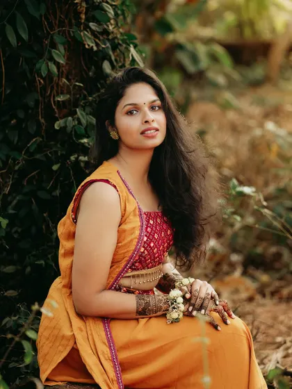 A beautiful and serene portrait of the bride at her Haldi ceremony.