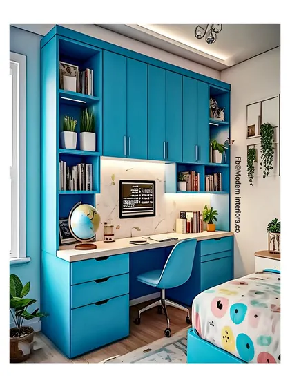I designed this bright blue study unit to make a child's room feel both cheerful and organized. With plenty of overhead cabinets and drawers, it’s a perfect spot for homework, hobbies, and storing all their treasures.