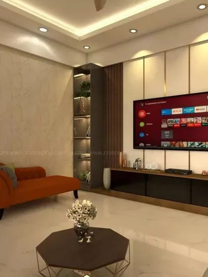 This 3D render for a living room at Candeur Carlisle showcases a comfortable chaise lounge and a textured TV wall with elegant vertical inlays.