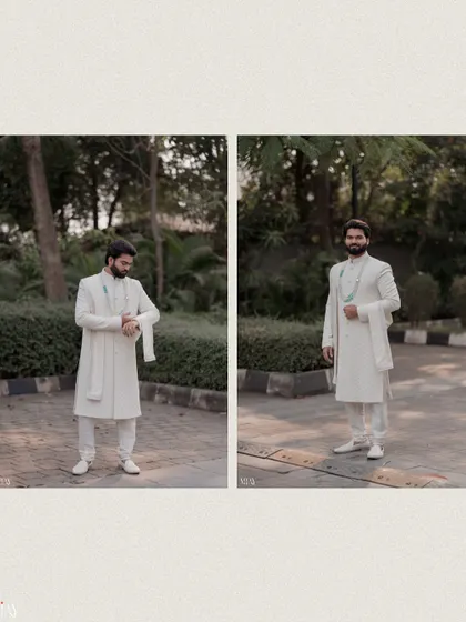A diptych of the groom in his white sherwani, looking ready for his wedding day.