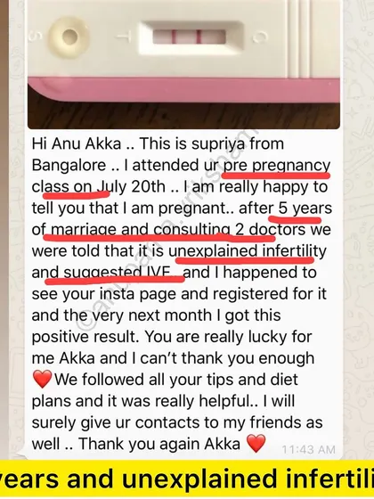 After 5 years of marriage, this couple was told they had unexplained infertility and were suggested IVF. The very next month after my class, they got a positive result.