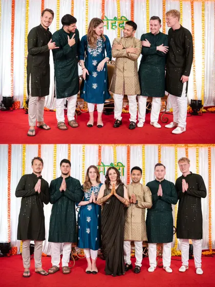 A collage of the bride and groom with their friends from different cultures, all dressed in traditional Indian attire for the Mehendi ceremony.