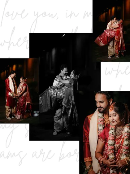 A creative collage of the couple's portraits, including romantic lifts and embraces, with handwritten text overlays for a personal touch.