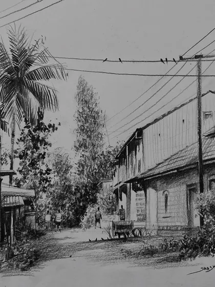 A detailed pencil drawing of a village scene, with attention to the perspective of the buildings and the electrical wires.