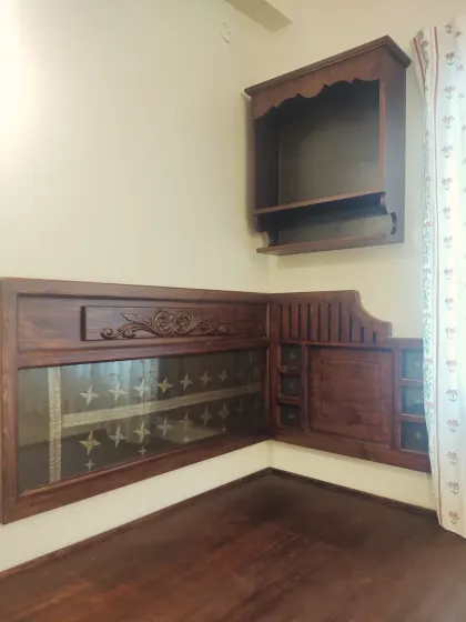 This is what I mean when I say a home is a story. For this guest bedroom, we embedded the client's mother's wedding sari into the headboard. It’s more than just furniture; it’s a piece of heritage, a touchable memory of love and blessings.