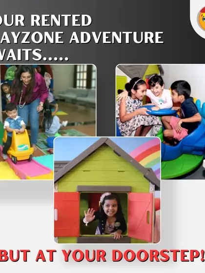 Your rented playzone adventure awaits at your doorstep. This collage shows kids on a roller coaster, a girl waving from a playhouse, and friends playing together, all part of the experience I deliver.