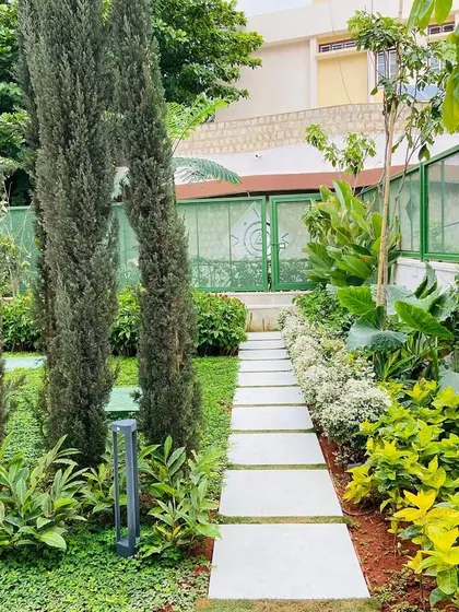 A straight, formal pathway lined with Italian cypress trees provides a more structured and classical element within the overall landscape design.
