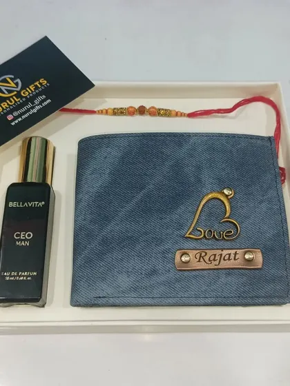 A simple Rakhi gift set with a personalized wallet and a Rakhi.