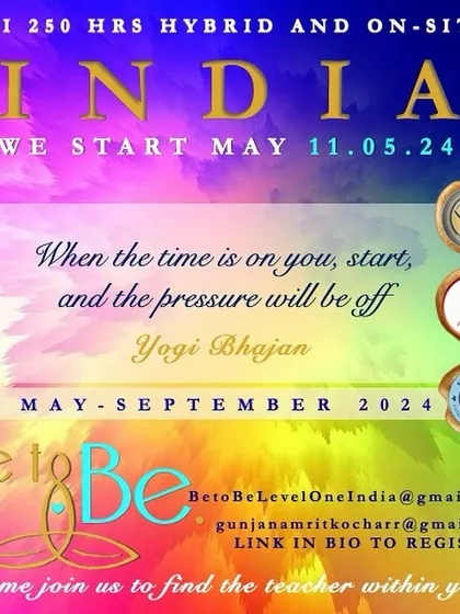 An announcement for the Kundalini Yoga Level 1 Teacher Training in India. This KRI-certified 250-hour hybrid course is your chance to master your mind and body and find the teacher within you.