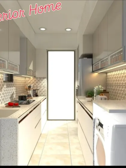 A parallel kitchen design that maximizes storage and workspace, with a dedicated spot for a washing machine at the end.