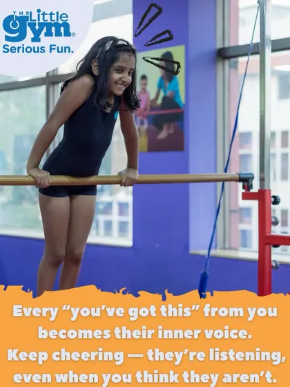 A young girl proudly holds herself up on the bar. Every "you've got this" from a parent or coach becomes a child's inner voice, building belief and resilience.