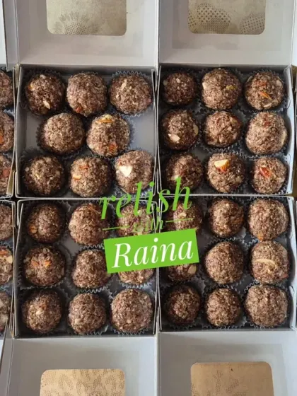 A batch of Flax Seed Laddoos ready for dispatch. These are packed with health benefits, made with flax seeds, pure ghee, dink (gond), almonds, til (sesame seeds), and sweetened with jaggery.