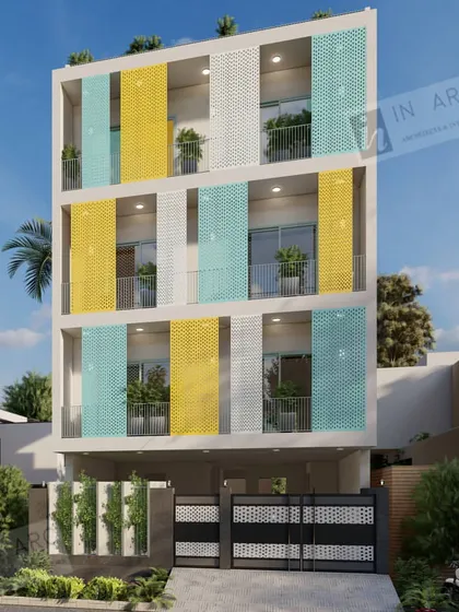 For this apartment building facade, I used colorful perforated panels to add a playful yet sophisticated element to the city skyline, proving that functional design can also be vibrant.