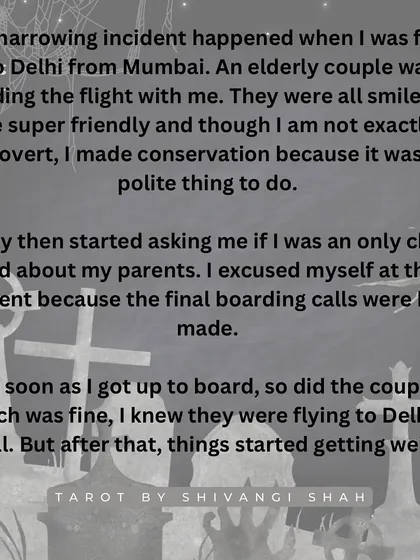An unsettling airplane encounter with an elderly couple who look just like someone's deceased son and attempt to prick them with a needle.