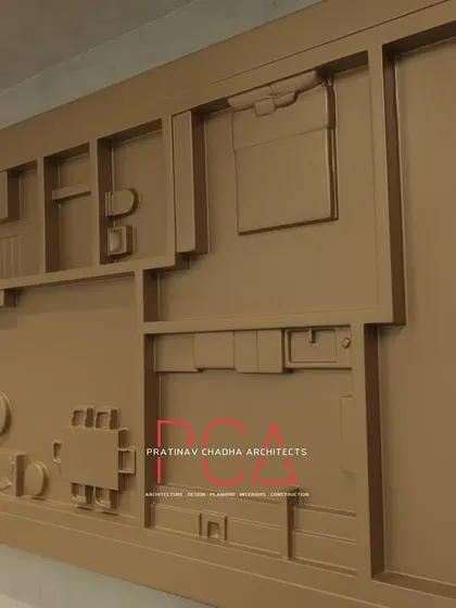 A close-up of the custom 3D wall art in one of the office cabins, showcasing the level of bespoke detailing in my commercial projects.