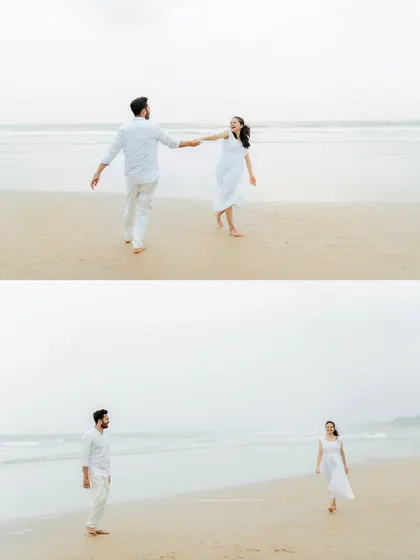 A diptych showing the couple walking towards each other and then dancing, capturing the story of their interaction.