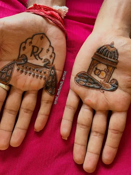 The same groom's mehendi, shown against a different background. The designs are clean, sharp, and perfect for a modern groom.