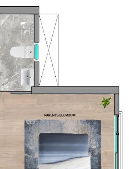 The floor plan for a parents' bedroom and attached bathroom, showcasing efficient space planning.