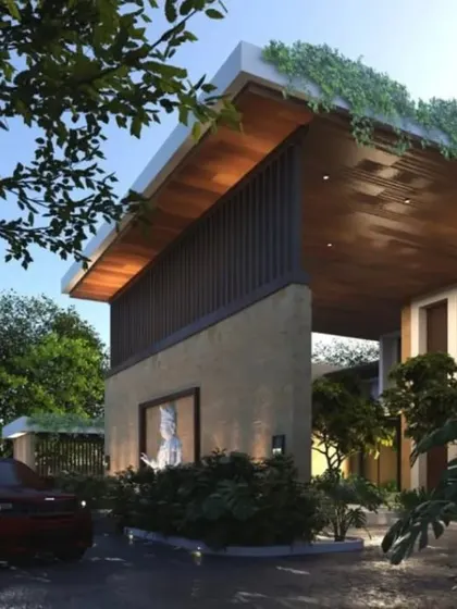 Designed to harmonize with its surroundings, this is a 3D rendering of a modern bungalow. The entrance features a grand wooden canopy and integrated greenery, where elegance meets functionality.