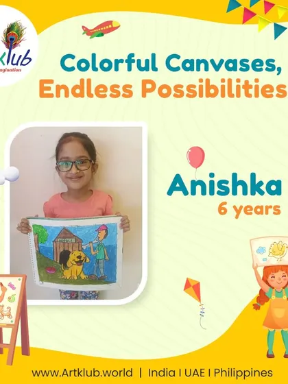 Six-year-old Anishka explores endless possibilities with her colorful canvas depicting a boy and his dog.