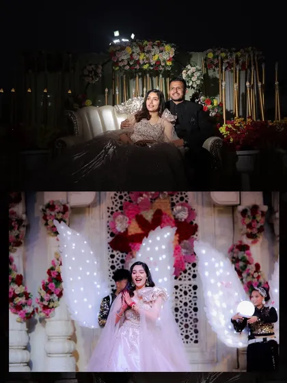 This collage highlights the theatrical elements of a Sangeet night. It shows the bride's stunning solo performance with angelic wings and the couple enjoying the evening from their stage seating.