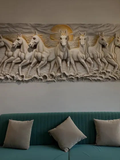 A direct view of the monochrome horse mural over the sofa. This piece adds texture and a sense of refined power without overwhelming the space with color.