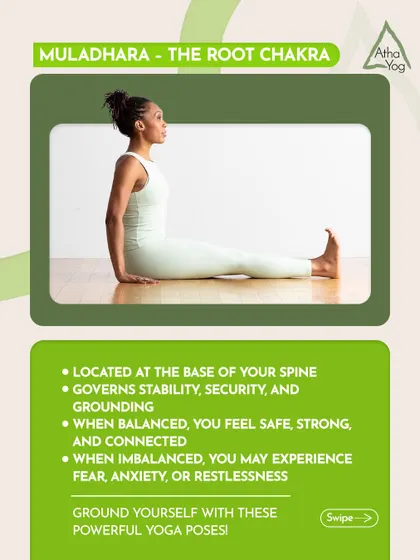 Feeling scattered? It might be time to reconnect with your Root Chakra (Muladhara). This infographic introduces grounding yoga poses to bring stability and calm.