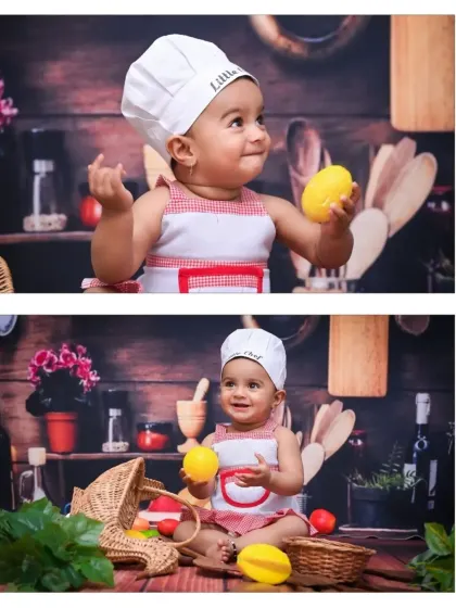A combination of a curious, looking-up pose and a direct, smiling pose from the 'Little Chef' theme. This shows the range of expressions I capture.